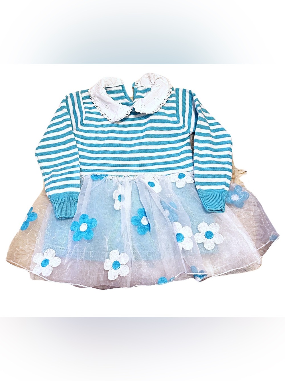 Blue Striped Floral Tulle Kids Dress with Lace Collar